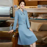 Fashion Blue Business Blazer Long Skirt Suit For Women Work Wear 2 Piece Set