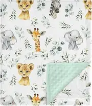 African Safari Jungle Animal Minky Baby Blanket Dotted Backing Boy Girl, Blue Elephant Giraffe Zebra Double Layer Flannel Nursery Bed Blankets, Soft Plush Newborn Infant Toddler Crib Bedding 30 x 40