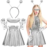 Lets Joy 4-Piece Alien Costume Set, Alien Costume Accessory, Alien Costume Accessories, Alien Headband Glasses Gloves, Silver Pleated Skirt, Shiny, Space Costume, Carnival Costume, Costume Party,