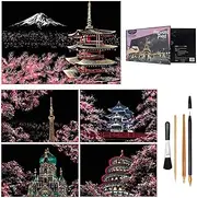Scratch Art for Adults and Kids - Engraving Etch Scraper Foil Holographic Painting Pictures - Creative Gift Set With 4 Tool Set (Cherry Blossoms)