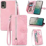 Shockproof Mobile Accessories Compatible with Nokia C32 C 32 Anti-Fall Business Card Slot Wallet Magnetic Flip Cover Leather Case Non-Slip Stand Holder (Pink,Nokia C32)