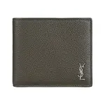 YSL SAINT LAURENT TINY CASSANDRE仿舊復古銀字LOGO荔枝紋小牛皮8卡對折短夾(深卡其綠)