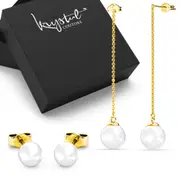 Boxed 2 Pairs Gold Layered Pearl Earrings Set Embellished with SWAROVSKI® Pearls