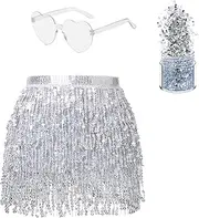 [XDGBGFN] 3-Piece Set Sequin Skirt Women's Belly Dance Hip Scarf Glitter Skirt Glitter and Glasses Carnival Tassel Skirt for Women