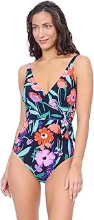 [Profile by Gottex] Women's Marguerite V Neck Ruffle Surplice Swimdress-Soft Cups, Tummy Control & Adjustable Straps Swimwear