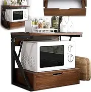 Kitchen Microwave Storage Table, Double-Layer Pot Storage Rack, Load-Bearing: 20KG + Z Shaped Steel Frame + Built-in Drawer with Handle + 54 * 35 * 50CM, for Home/Office/Convenience Store,Brown