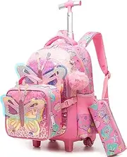 [HTgroce] Trolley Backpack with Wheels, Pencil Case, Lunch Bag, 3-in-1 Lightweight Rolling School Bag for Girls, School Bags Trolley Sets