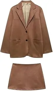 [Zadaos] Women Solid Long Sleeve Lapel Single Breasted Pocket Decorate Blazer Top+High Waist Slim Mini Skirt 2 Piece Set