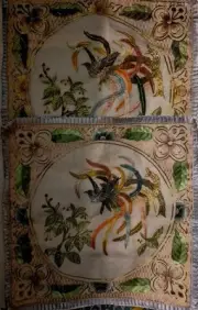 2-Golden Cloud Embroidered Sequined Bird Pillow Cover Shams Square 18" NWT