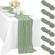 6 Pcs Sage Green Cheesecloth Table Runner 10FT Runner for Tables 35 x 120 Inches Long Gauze Boho Fabric Table Runner Decoration Rustic Sheer Runner for Wedding Birthday Baby Shower Party (Sage Green)