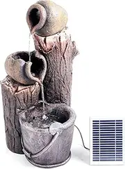 Rustic Pouring Broken POTS ON Tree Trunk Solar Water Fountain Feature
