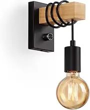 Glighone Wall Lights with Switch Vintage Wall Lamp Wooden Wall Light Indoor Industrial Wall Sconce Dimmable E27 Edison Lighting Fixture for Bedroom, Dining Room, Living Room (Black, Bulb Not Included)