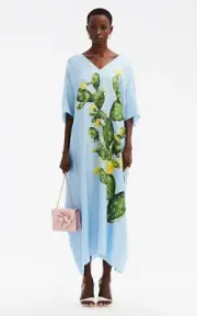 $3190 NEW Oscar de la Renta Cactus Silk Twill Caftan PaleBlue Gown Dress M L XL