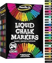 Bandle B. Liquid Chalk Markers - Pack of 24 - Non-Toxic, Water-Based, Erasable, Dust Free Chalk Pens for Chalkboards, Blackboards, Windows & Glass - 6mm Reversible Bullet & Chisel Tip