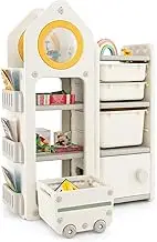 HONEY JOY Kids Toy Storage Organiser, Toy Chest and Bookshelf w/Mobile Trolley, Enclosed Cabinets & Storage Bins, Side Bookshelves, Storage Cabinet w/Unique Roof for Playroom, Bedroom, Living Room