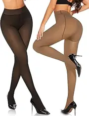 [FULLSOFT] 2 Pack Fleece Lined Tights Sheer Women - Fake Translucent Warm Pantyhose Leggings Sheer Thick Tights for Winter