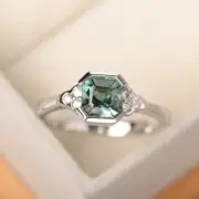 Green sapphire ring, asscher cut, solid sterling silver, unique engagement ring