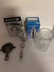 bar kit, cocktail shaker,mixer with pourer, 4 prong strainer, can opener, cork s