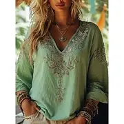 Women's Blouse Floral Graphic Paisley Bohemia Vintage Tropical 3/4 Length Sleeve V Neck Regular Tops Ruched Embroidered Print Pink Blue Purple Green Summer Spr