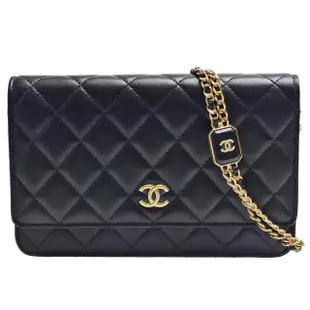 【CHANEL 香奈兒】經典刻紋雙C LOGO菱格紋小羊皮WOC鏈帶肩/斜背包(黑色AP2923L-BLK-GP)