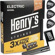 Pack of 3 Guitar Strings Electric Guitar Strings 10-52 - Extra 3 E1 Strings & 3 Plectrums & String Winder - Electric Guitar Strings Set