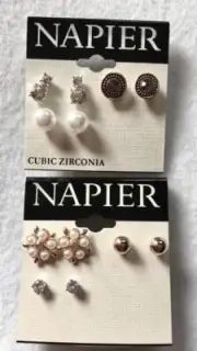Lot of 6 New NAPIER pierced Earrings Rhinestone, CZ Pearl & Ball #43-6