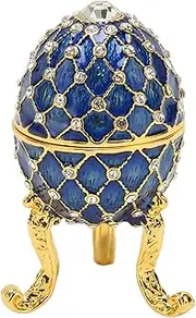 [Fdit] Egg Shape Trinket Box, Hand Painted Enamel Hinged Jewelry Box with Rhinestones Gold Base for Rings Earrings Necklaces Anniversary Birthday, Christmas (Blue)