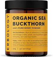 Erbology Organic Sea Buckthorn Powder 50g - 50 Servings - Skin Health and Immunity Support - Rich in Omega-7 (6.5%), Vitamin C and Beta-Carotene - Seeds Removed, More Concentrated - Vegan