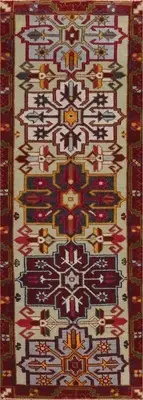 Hand-Knotted Wool Light Green Geometric Kazak Style Indian Runner Rug 3x8 Ft