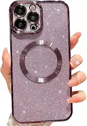 [ELEPIK] for iPhone 14 Pro Max Case with Camera Protector, [Full Camera Cover Protection] [Compatible with MagSafe] [Glitter Bling Plating] Clear Magnetic Slim Phone Case 6.7 inch, Purple.