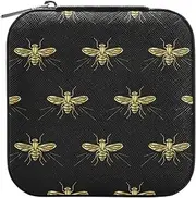 susiyo Embroidered Gold Bee Travel Mini Jewelry Box Portable PU Leather Organizer Case Storage Necklace Earrings Rings Bracelet Jewelry Rolls Clutch Bag for Women Ladies Girls (Squar, Black)