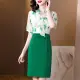 【ALICAI 艾麗彩】水墨玫瑰雪紡印花琉璃綠包臀洋裝(S-2XL)