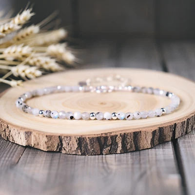 Natural Rainbow Moonstone Tiny Beads Healing Minimalist Birthstone Bracelet