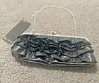 Daisy Fuentes Black Vegan Patent Leather Clutch Purse Ruffled Evening Handbag