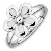 925 Sterling Silver Stackable Polished White Enameled Flower Ring SZ 7