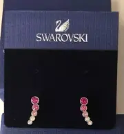 SWAROVSKI Swan Signed Clear And Pink Crystal Earrings New