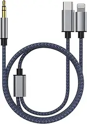 Aux Audio Cable for iPhone,2 in 1 USB C& Lightning to 3.5mm AUX Audio Cable Suitable for Apple Android Car Audio Headset Multi Function Audio Conversion Cable Compatible with Type C or iOS Devices