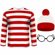 Cosplay Costumes,Red and White Striped Shirt,Christmas Halloween Shirt with Glasses Frame and Hat (Size:Small)