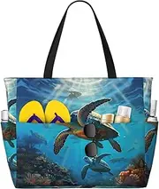 [Ghjkfbf] Sea Turtles Print Large Capacity Beach Travel Bag For Family, Beach Tote Bag For Women With Zipper Pockets, Black, One Size