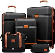 [Krute] Luggage Set 5 Piece Suitcase Set Carry On Luggage PC ABS Hardshell Lightweight Checked Luggage Sets with Spinner Wheels for Family Travel BlackBrown