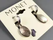 NWT VTG/MODERN Monet Dangle Earrings SILVER TONE HOOP w/ABALONE SHELL Oval Drop