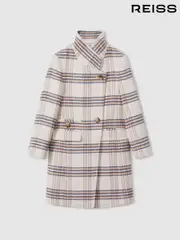Reiss Brown Claude 13-14 yrs Wool Blend Checked Asymmetric Funnel Neck Coat (E55295) | $295