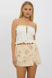 Beige Abstract Mini Skort Skirt High Rise Linen Blend Lined - Size 14L, Women's Mini Skirt