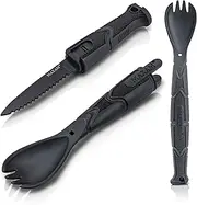 Maxam 3 in 1 Tactical Spork, Black Polymer Handle with Stainless Steel Blade Multi Tool Camp, Spoon Fork Knife Combo