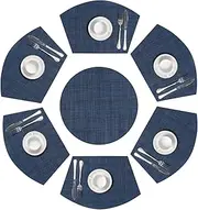 SHACOS Round Table Placemats Set of 7 Woven Vinyl Wedge Placemat with Centerpiece Round Mat Heat Resistant Placemats for Round Tables Wipe Clean (7, Blue Black)