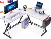 L-Shaped Gaming Desk w/ Monitor Stand, Storage, Headphone Hook, Metal Legs - Wh