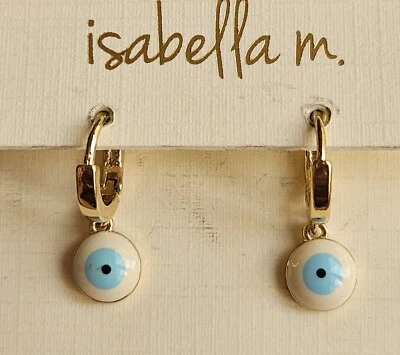 ISABELLA M STERLING SILVER GOLD PLATED EVIL EYE PROTECTION DANGLE HOOP EARRINGS