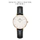 Daniel Wellington 手錶 Petite Sheffield 28mm爵士黑真皮皮革錶-白錶盤-玫瑰金框(DW00100230)