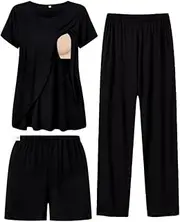[SWOMOG] Women Maternity Pajamas Sets 3 Pcs Adjustable Breastfeeding Nightwear Double Layer Short Sleeve Pregnancy Pjs Set