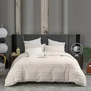 100% Cotton Tufted Stripe Pattern Stone Beige Colour Quilt Doona Duvet Cover Set (Queen)